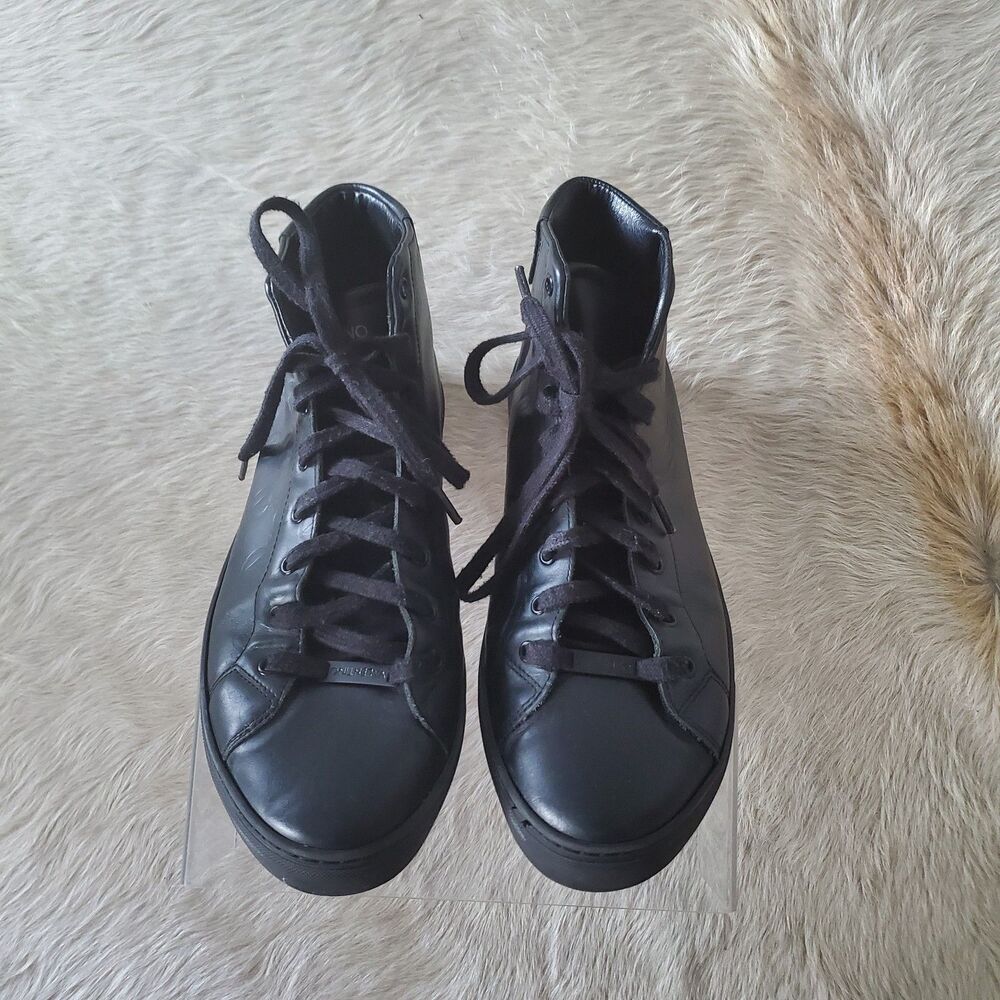 Valentino Men’s High Top Sneakers Size 10 Black Monogram Leather Lace Up Italian - Picture 2 of 16